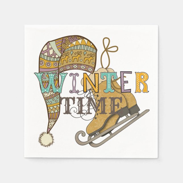 Cute winter ice skates knit stocking cap   napkins (Front)