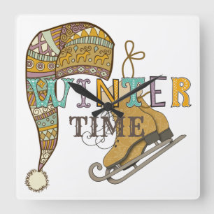 Cute winter ice skates knit stocking cap square wall clock