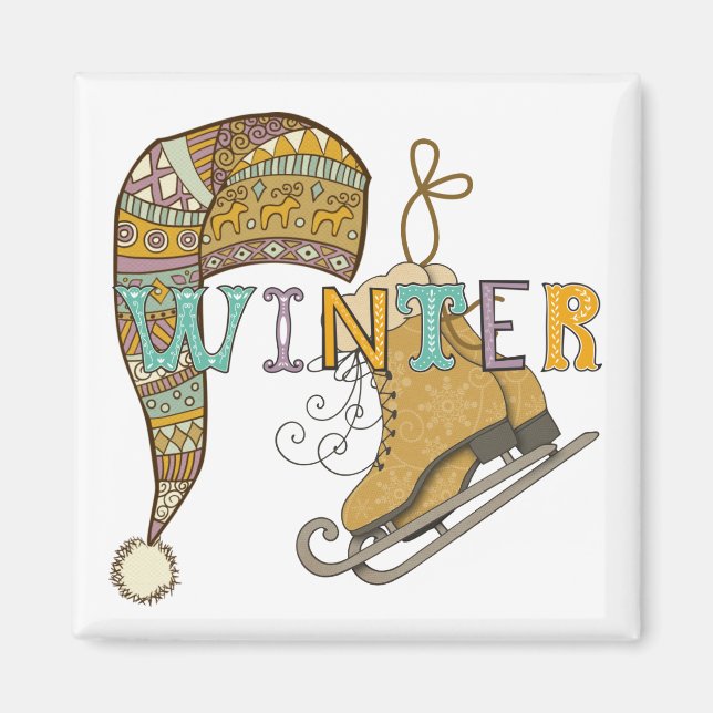 Cute winter ice skates knit stocking cap whimsical magnet (Front)