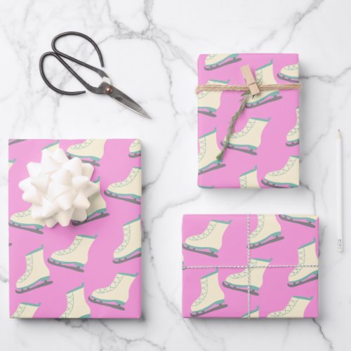 Cute Winter Ice Skates Pattern in Playful Pink Wrapping Paper Sheets