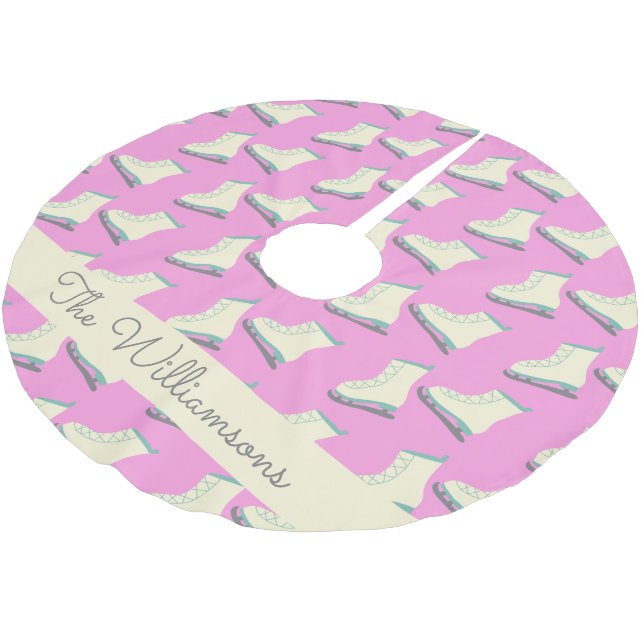 Cute Winter Ice Skates Pattern Pink Personalized  Brushed Polyester Tree Skirt (Angled)