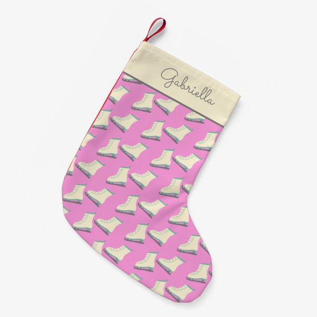 Cute Winter Ice Skates Pattern Pink Personalized Small Christmas Stocking (Front (Hanging))