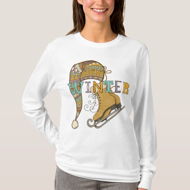 Cute winter ice skates stocking cap illustration  T-Shirt (Front)