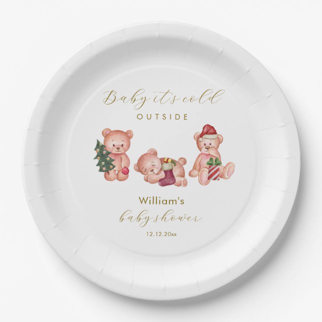 Cute Winter It's Cold Outside Bear Baby Shower  Paper Plates (Front)