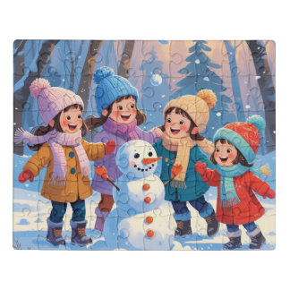 Cute Winter Kids Playing in Snow Cozy Jigsaw Puzzle