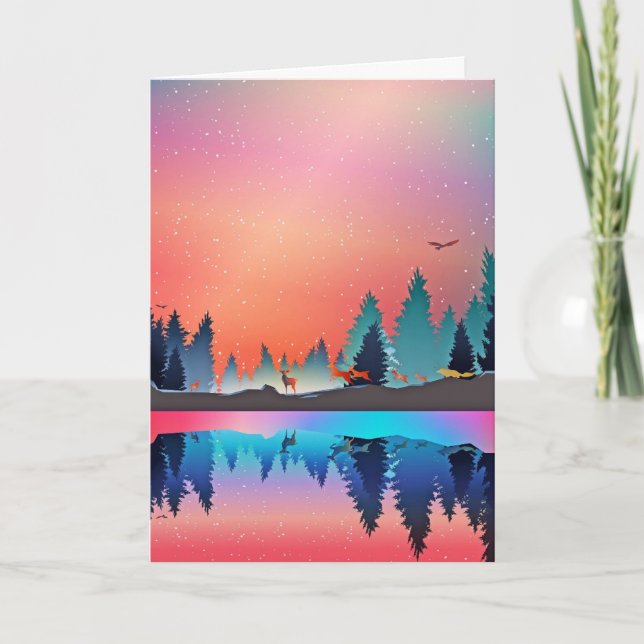 Cute Winter Lake Snow Deer Fox Holiday Card (Front)