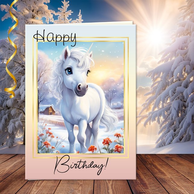 Cute Winter Magical Unicorn Photo Birthday Card (Fun photo birthday greeting card featuring an image of an adorable unicorn in a winter landscape)
