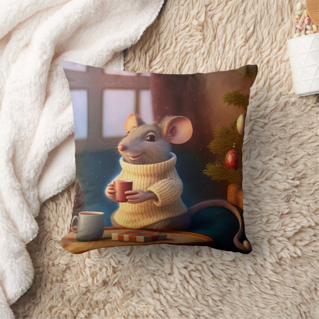 Cute Winter Mouse Drinking a tea Throw Pillow (Blanket)