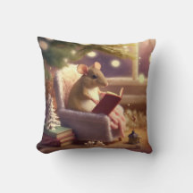 Cute Winter Mouse reading a book Throw Pillow