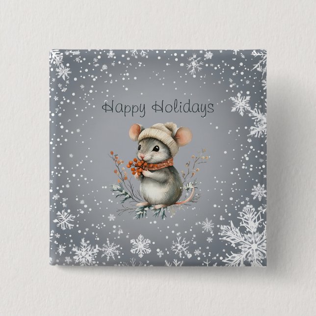 Cute Winter Mouse with Berries Button (Front)