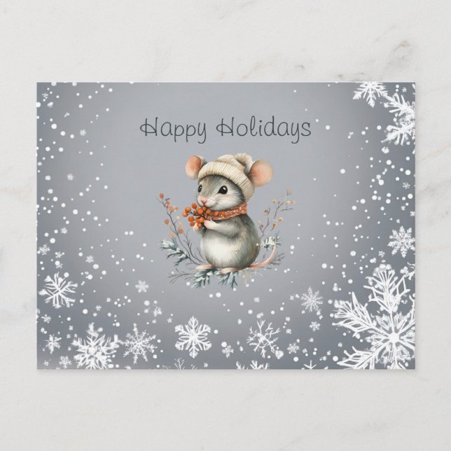 Cute Winter Mouse with Berries Holiday Postcard (Front)