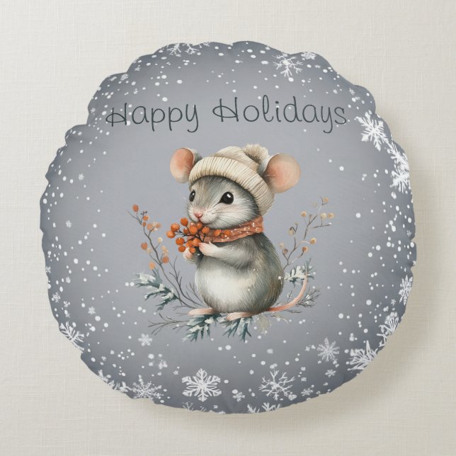 Cute Winter Mouse with Berries Round Pillow (Front)