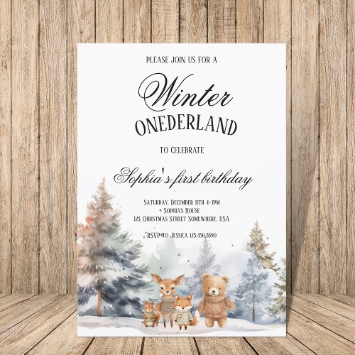 Cute Winter Onederland Birthday Pine Woodland Invitation