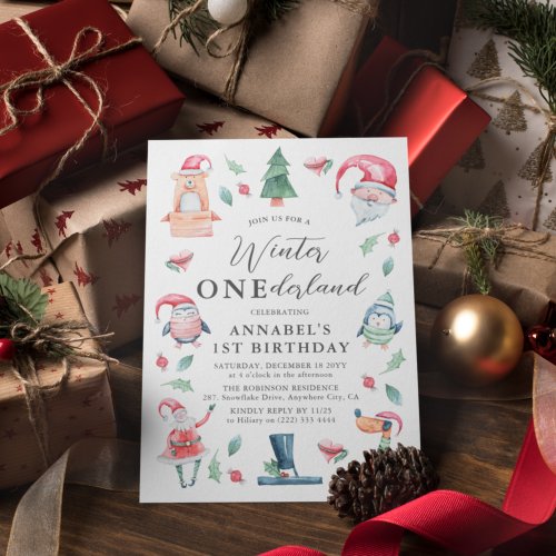 Cute Winter ONEderland Christmas 1st Birthday Invitation