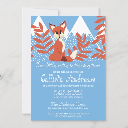 Cute Winter Orange Fox Mountains Leaf Birthday Invitation