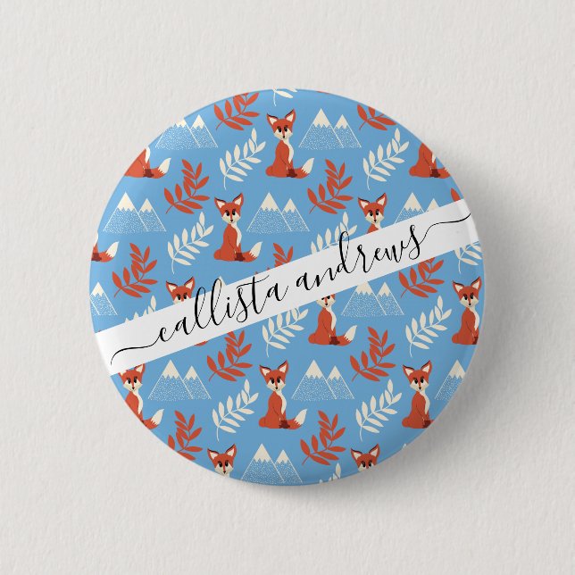 Cute Winter Orange Fox Mountains Leaf Pattern Button (Front)
