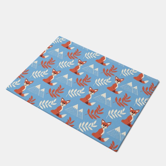 Cute Winter Orange Fox Mountains Leaf Pattern Doormat (Angled)