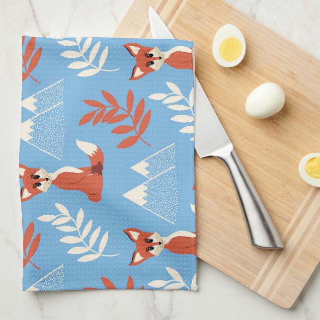 Cute Winter Orange Fox Mountains Leaf Pattern Kitchen Towel (Quarter Fold)