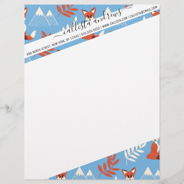 Cute Winter Orange Fox Mountains Leaf Pattern Letterhead (Front)