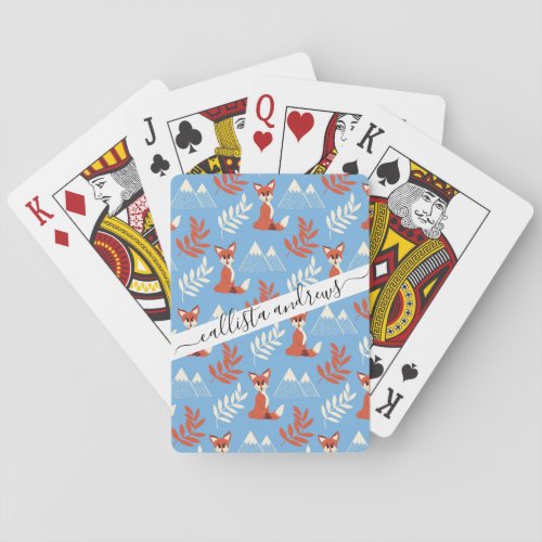 Cute Winter Orange Fox Mountains Leaf Pattern Poker Cards