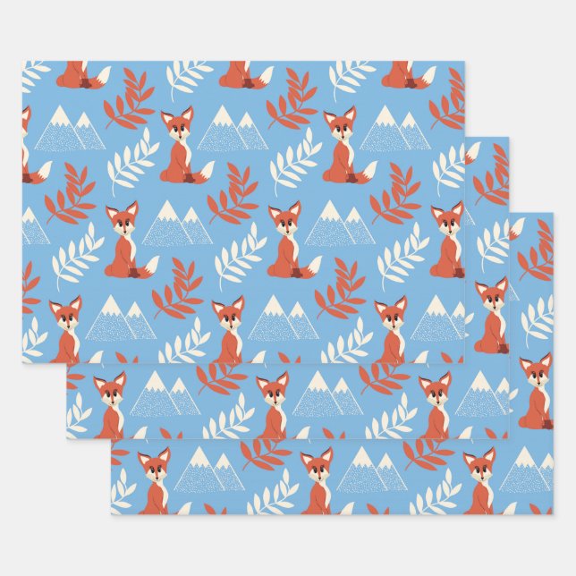 Cute Winter Orange Fox Mountains Leaf Pattern Wrapping Paper Sheets (Set)