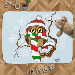 Cute Winter Owl Blue Snowflakes Holidays  Baby Blanket