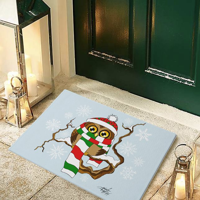 Cute Winter Owl Blue Snowflakes Holidays  Doormat (Creator Uploaded)