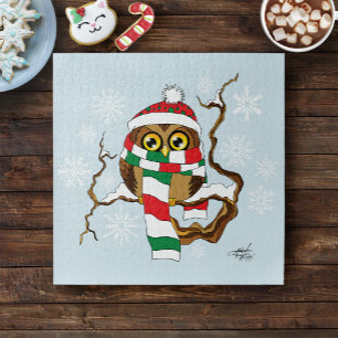 Cute Winter Owl Blue Snowflakes Holidays Jigsaw Puzzle