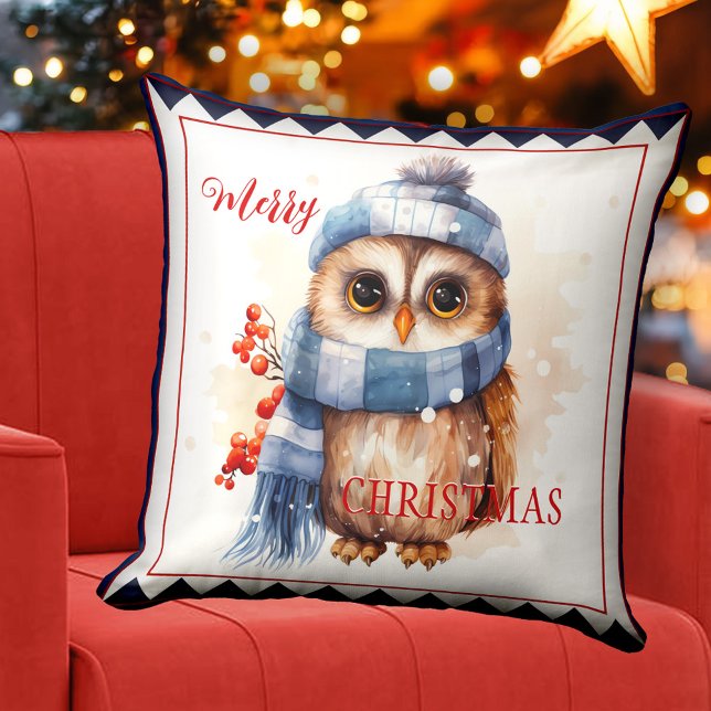 Cute Winter Owl Christmas Animal Art Throw Pillow (Christmas pillow featuring a watercolor painting with a cute owl in warm winter outfit)