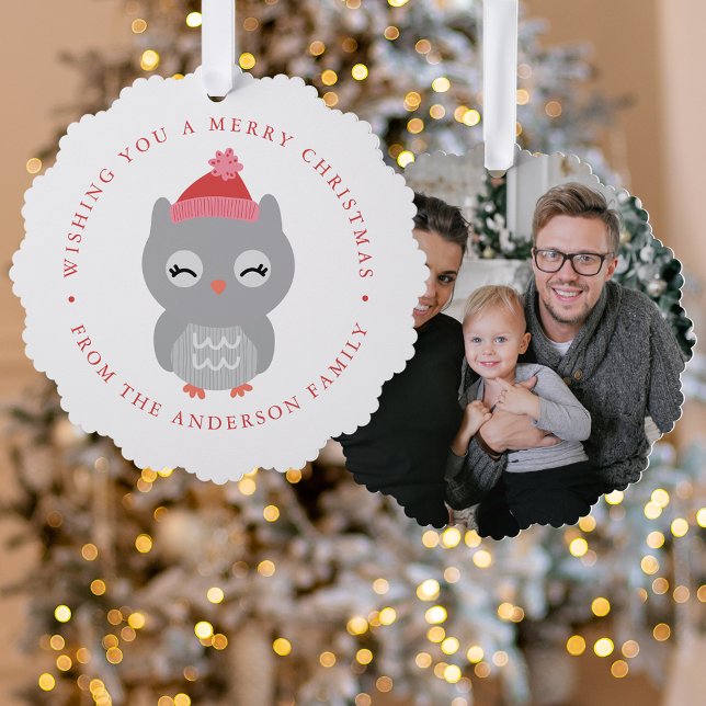 Cute Winter Owl Photo Holiday Ornament Card (Creator Uploaded)