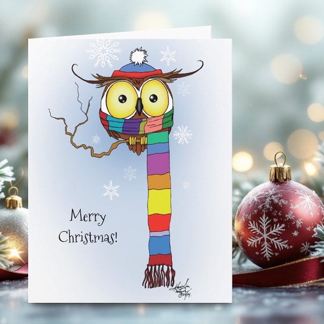 Cute Winter Owl Rainbow Scarf Hat Whimsical Snow Card (Creator Uploaded)