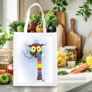 Cute Winter Owl Rainbow Scarf Hat Whimsical Snow Grocery Bag
