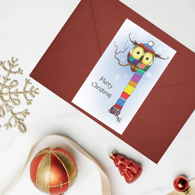 Cute Winter Owl Rainbow Scarf Hat Whimsical Snow Rectangular Sticker (Creator Uploaded)