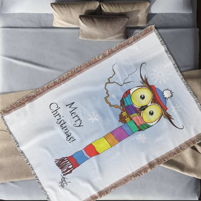 Cute Winter Owl Rainbow Scarf Hat Whimsical Snow Throw Blanket (Creator Uploaded)