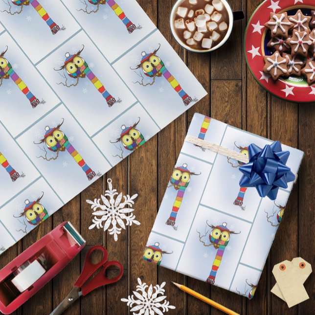 Cute Winter Owl Rainbow Scarf Hat Whimsical Snow Wrapping Paper (Creator Uploaded)