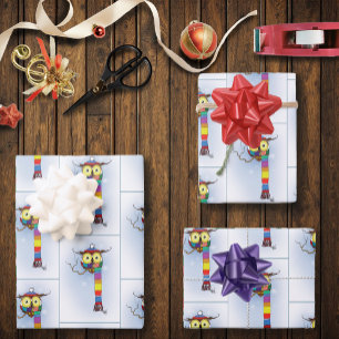 Cute Winter Owl Rainbow Scarf Hat Whimsical Snow Wrapping Paper Sheets