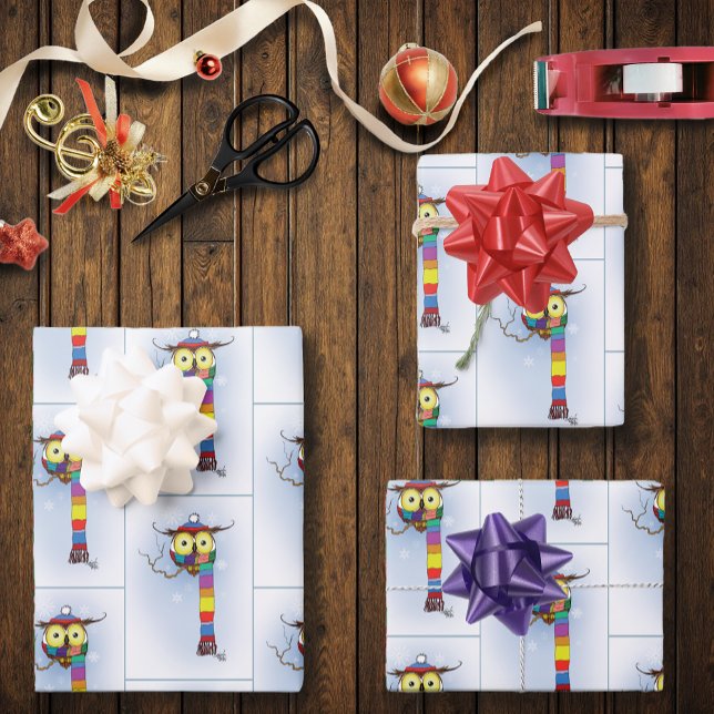 Cute Winter Owl Rainbow Scarf Hat Whimsical Snow Wrapping Paper Sheets (Creator Uploaded)