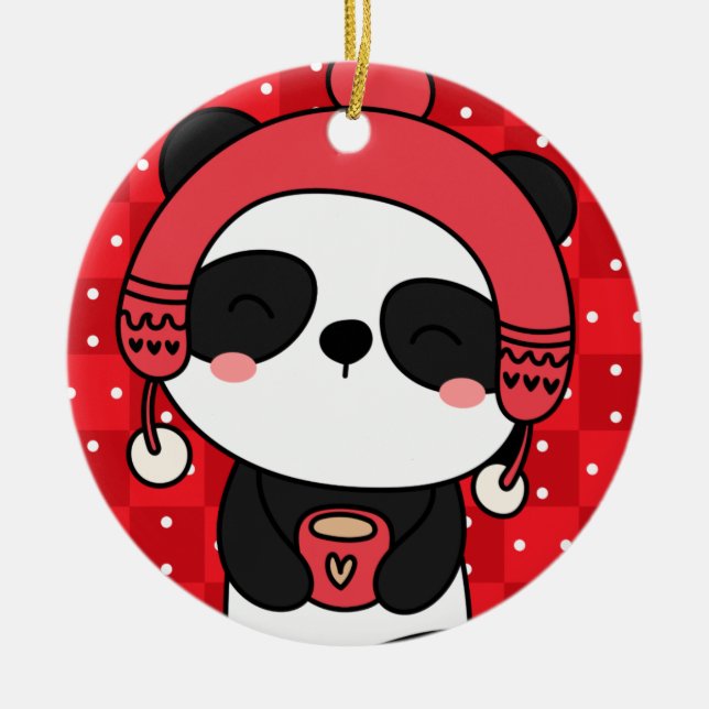 Cute Winter Panda Hand Drawn Ceramic Ornament (Front)