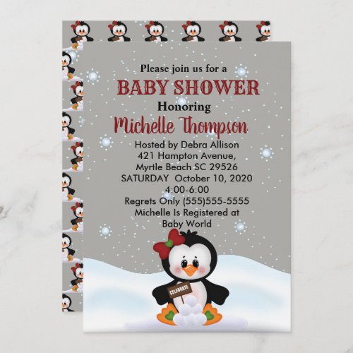 Cute Winter Penguin Baby ShowerBirthday Invite