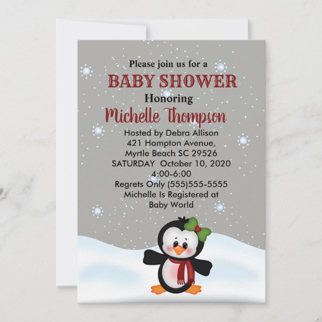 Cute Winter Penguin Baby Shower/Birthday Invite (Front)