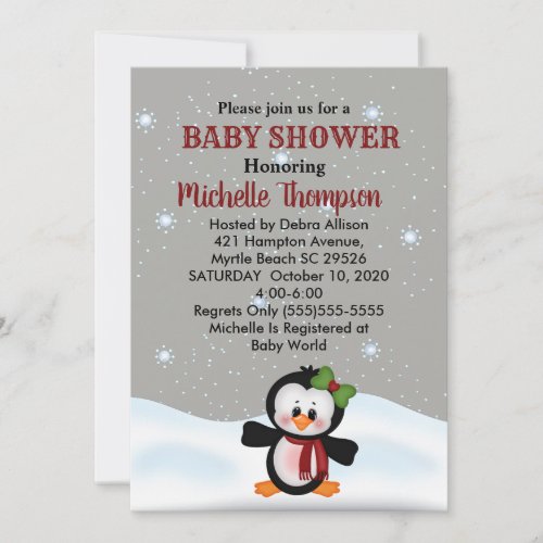 Cute Winter Penguin Baby ShowerBirthday Invite