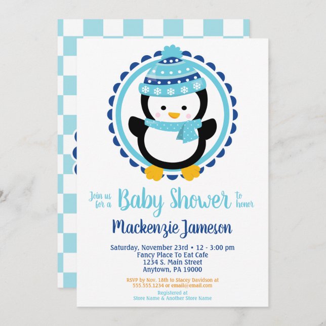 Cute Winter Penguin Baby Shower Invitation (Front/Back)