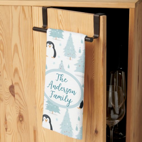 Cute Winter Penguin Christmas Blue Kitchen Towel