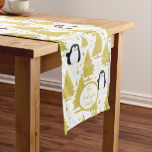 Cute Winter Penguin Christmas Gold Medium Table Runner