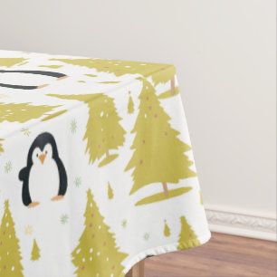 Cute Winter Penguin Christmas Gold Tablecloth