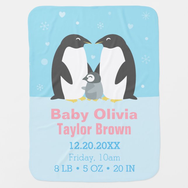 Cute Winter Penguin Family Baby Blanket (Front)