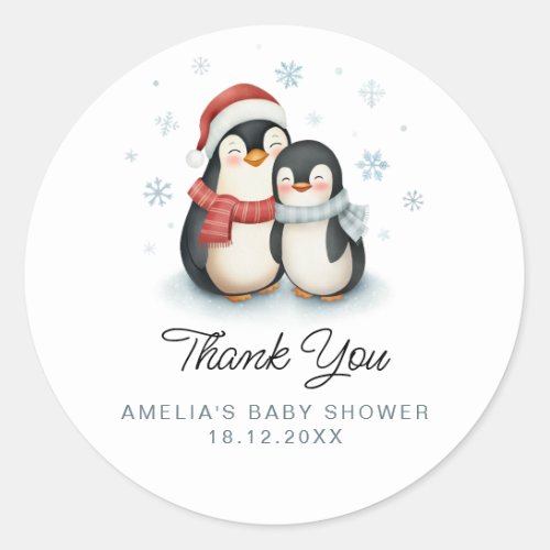 Cute Winter Penguin Family Christmas Baby Shower Classic Round Sticker