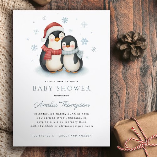 Cute Winter Penguin Family Christmas Baby Shower Invitation