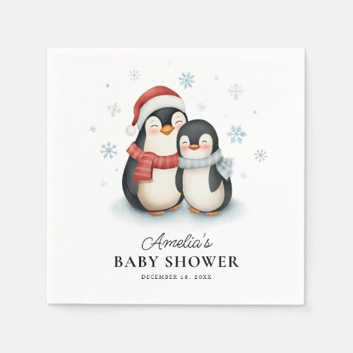 Cute Winter Penguin Family Christmas Baby Shower Napkins