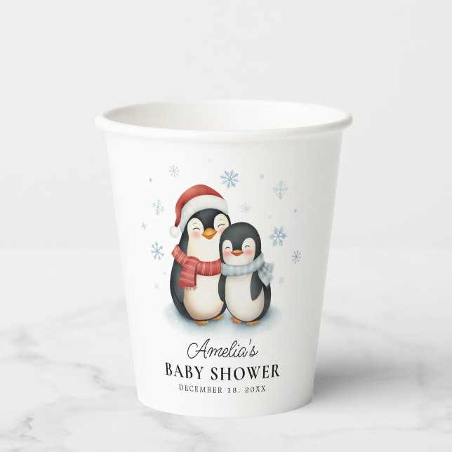 Cute Winter Penguin Family Christmas Baby Shower Paper Cups (Front)